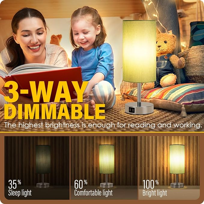 Yarra-Decor Bedside Lamp with USB Port - Touch Control Table Lamp for Bedroom 3 Way Dimmable Nightstand Lamp with Round Denim Fabric Shade for Living Room, Dorm, Home Office (LED Bulb Included)