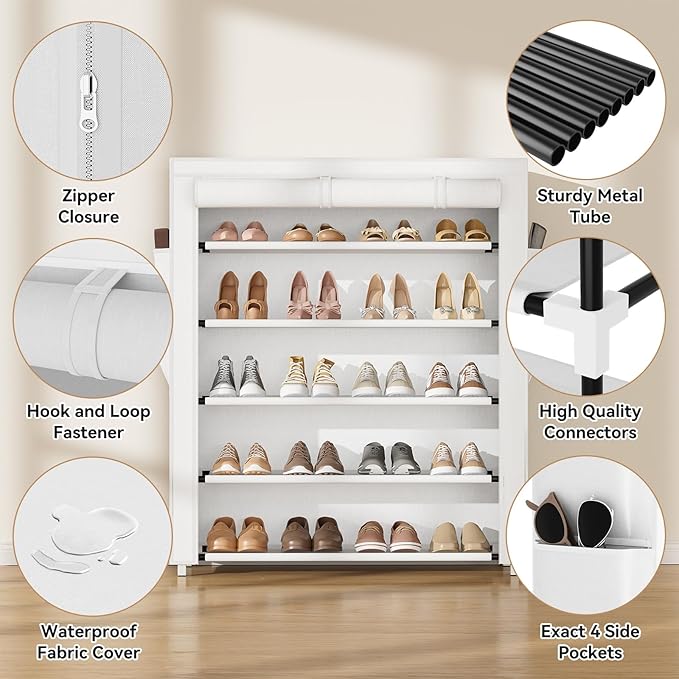 VILICK Shoe Rack with Cover, 5 Tier Shoe Organizer Storage for 20-24 Pair Shoes and Boots Large Shoe Storage Shelf Space Saving Vertical Shoe Rack for Closet, Front Door Entrance, Dorm, Garage, White