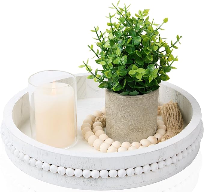 Decorative Wooden Tray: Beaded Round Coffee Table Tray for Centerpiece, Rustic Farmhouse Wood Serving Tray for Entry, Living Room and Kitchen Counter Decor, 11.8 inch - Distressed White