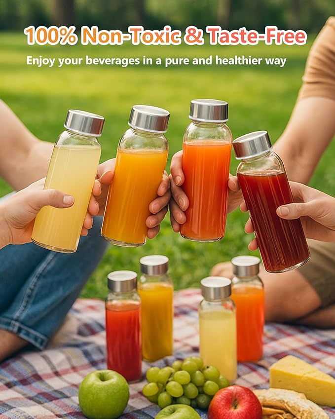 Zukro Glass Water Bottles with Lids 12 oz, Reusable Clear Juice Bottles With Stainless Steel Airtight Cap for Juicing, 100% Leak Proof Juice Drinking Jar for Smoothie, Milk, BPA Free, Set of 8