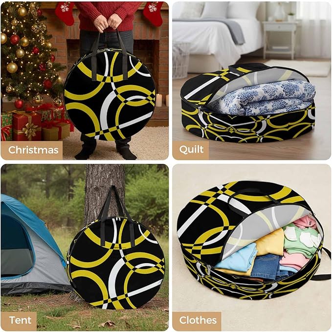 Storage Bag Yellow Black Geometric Circle Round Storage Totes Bins Closet Organizers with Zippers & Handle Modern Abstract Lines Clothes Storage Container for Bedroom Space Saving Packing Supplies