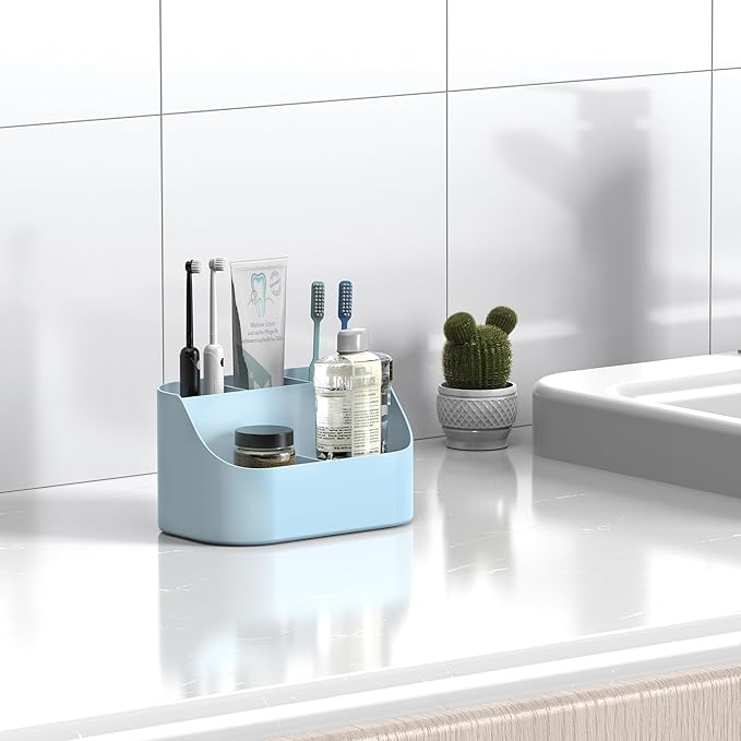 Countertop Toothbrush Holders for Bathrooms, Plastic Toothpaste and Electric Tooth Brush Holder Storage Caddy Stand for Shower, 5 Slots Cute Kids Bathroom Counter Organizer for Vanity, Light Blue