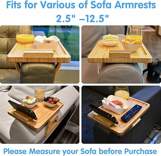 Bamboo Sofa Arm Tray Table, Foldable Couch Armrest Table with Cup Holder & 360° Phone Holder, Portable Snack Tray for Remote, Drinks, Food - Fits Most Sofa Arms.
