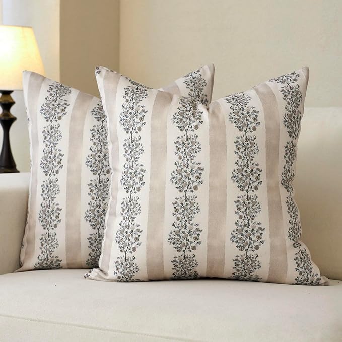 DOMVITUS Floral Throw Pillow Covers 20x20 Inch Set of 2, Block Print Decorative Pillow Covers Vintage Striped Neutral Farmhouse Boho Home Decor for Couch Sofa Bed Living Room, Neutral