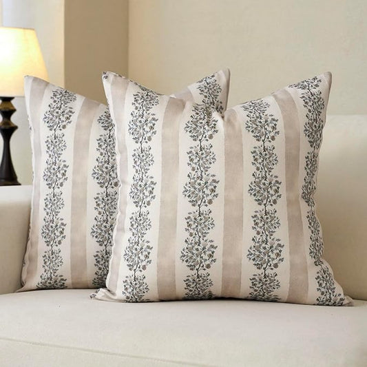 DOMVITUS Floral Throw Pillow Covers 20x20 Inch Set of 2, Block Print Decorative Pillow Covers Vintage Striped Neutral Farmhouse Boho Home Decor for Couch Sofa Bed Living Room, Neutral