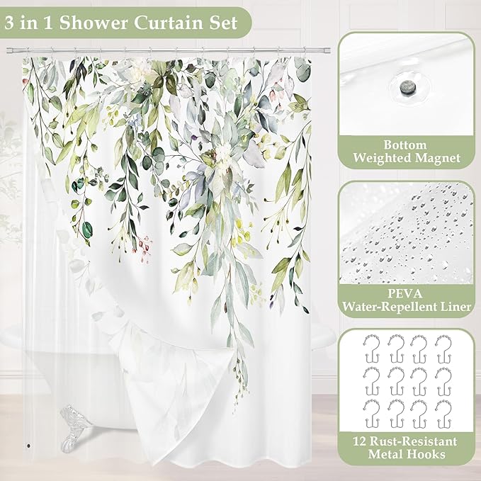 Gibelle Long 3 in 1 Shower Curtain Set, Watercolor Eucalyptus Bath Curtain and PEVA Liner Set with 12 Metal Hooks, Modern Waterproof Fabric Bathroom Curtain 72x78, Sage Green