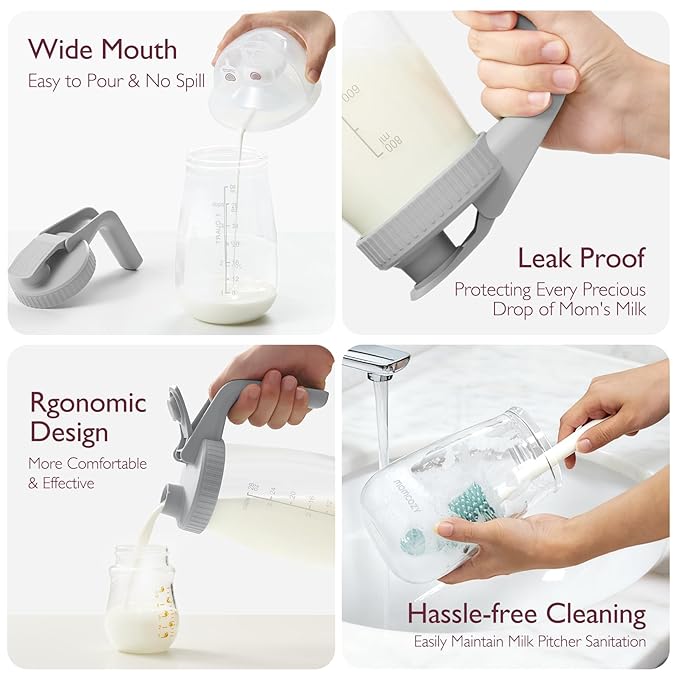 Momcozy Breast Milk Pitcher, Resistant to Heat and Cold Abrupt Temp Swings, No Leak Glass Breast Milk Fridge Storage Container with Wide Mouth, Fast Baby Formula Maker, Breastfeeding Essentials, Grey
