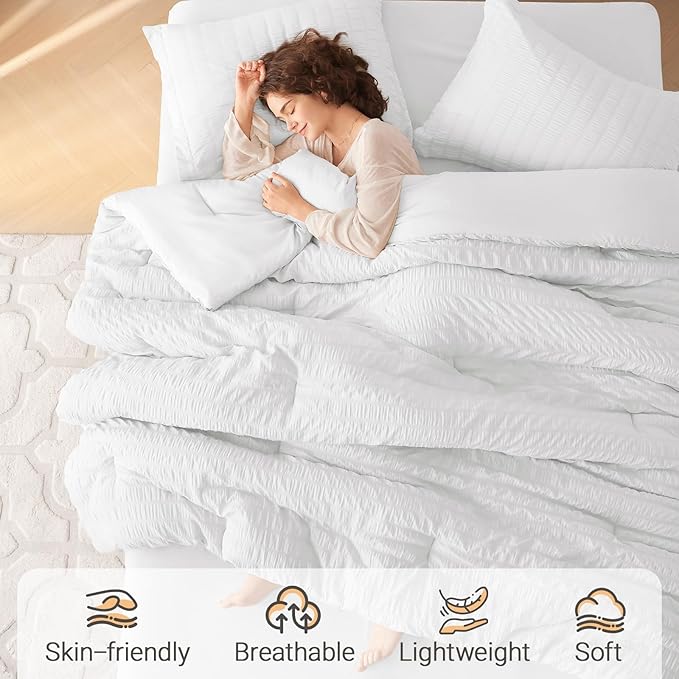 MUXHOMO 7 Pieces Queen Comforter Set, Seersucker Bed in a Bag Queen Size, All Season Luxury Bedding Set with Comforter, Flat Sheet, Fitted Sheet, Pillowcases & Shams, White