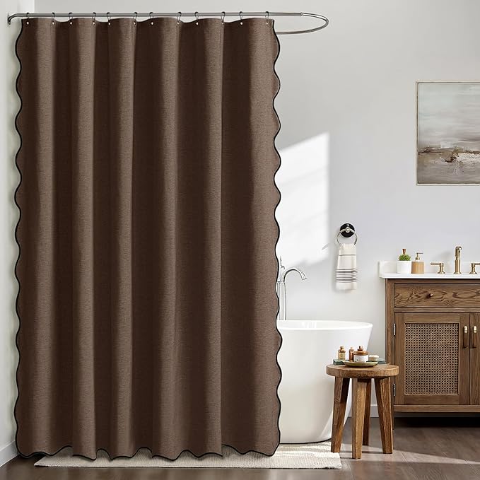 MIULEE Brown Scalloped Shower Curtain Linen Textured with 12 Metal Hooks Cute Heavy Duty Washable Waterproof Thick Cloth Shower Curtains with Black Border for Bathroom Hotel Bathtub,W72*L72