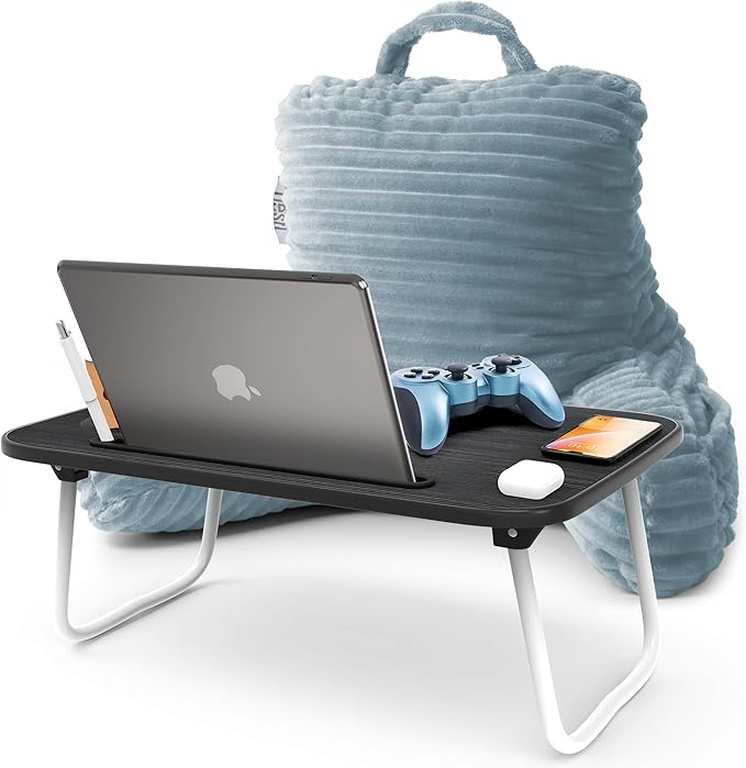 Nestl Stone Blue Reading Pillow with Bed Desk for Laptop and Writing, Luxe Cut Plush Back Pillow for Sitting Up, Back and Arms Adjustable Support for Kids and Teens, Foldable Lap Desk for Bed 19x11”