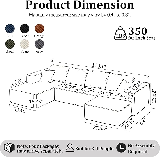 Couches Sofa, Boneless Compressed Sofa in a Box, U-Shaped Cloud Couch with Deep Seats & Chaise for Living Room, No Assembly Required (Beige, 118" U-Shape with Left Facing Chiase) | Boneless Compressed, Sofa in a Box, Cloud Couch, Deep Seats, No Assembl...