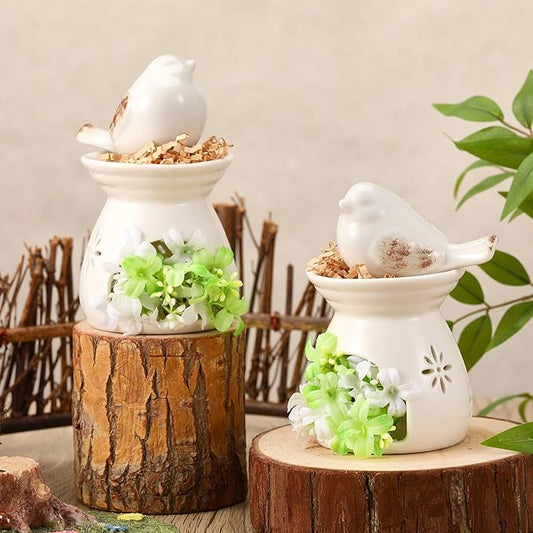2 Set Birdhouse Ceramic Table Decor Ceramic Birds Figurines Centerpieces with Bird and Flower Ornament Rustic Farmhouse Spring Summer Decor for Shelf Mantel Desk Decoration Housewarming Gift