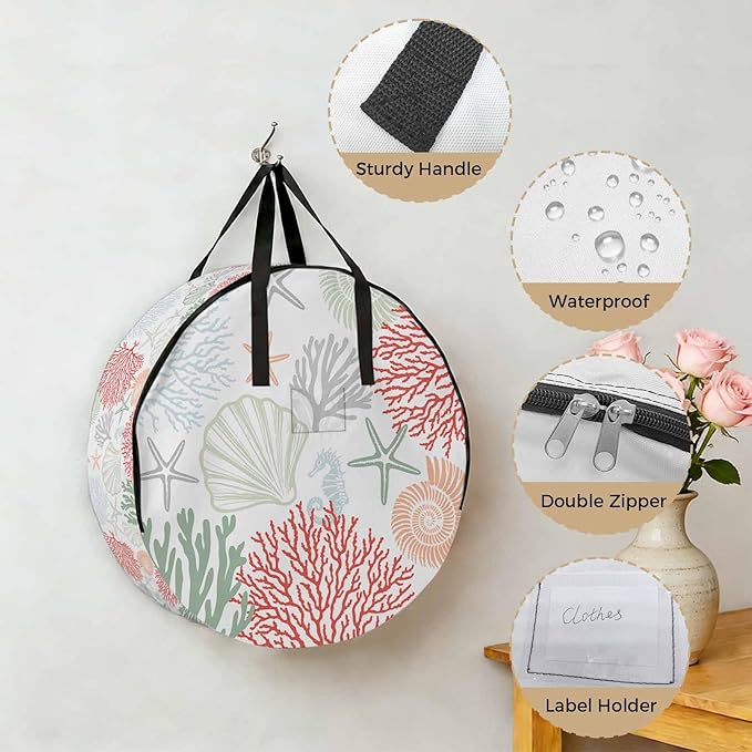 Red Coral Round Storage Bag 30 Inch, Sage Green Starfish Ocean Coastal Seashell Clothes Storage Container with Handles Heavy Duty Organizer for Comforter, Bedding & Holiday Wreaths