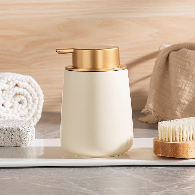 Enra Ceramic Soap Dispenser,12 oz Hand Lotion Dispenser with Gold Pump,Wide-Mouth Refillable Dish Soap Dispenser,Modern Liquid Soap Dispenser for Kitchen & Bathroom Countertop Decor