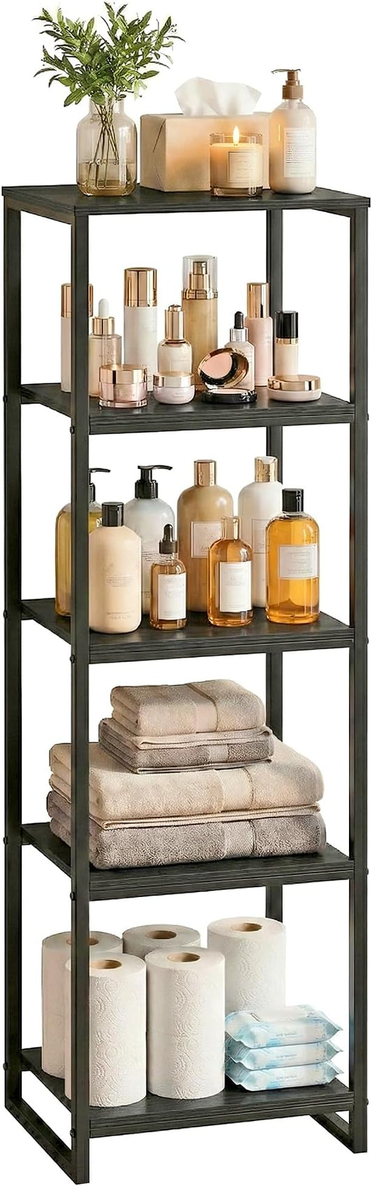5-Tier Bathroom Shelving Unit, 47" H Narrow Open Floor Shelves, Metal Corner Slim Storage Rack for Bathroom Laundry Room Kitchen Living Room, Black