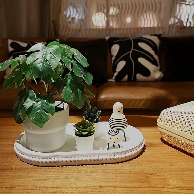Hrastany Oval Wood Serving Tray with Wooden Beads, Outdoor Farmhouse Decorative Tray for Ottoman, Coffee Table, Kitchen Counter Organizer, Home Decor(White)