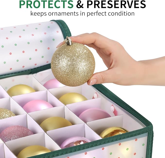 Portable Waterproof Christmas Ornament Storage Box, Large Capacity 128 Slots for 3-Inch Ornaments, Double-Sided Trays with Durable Zippers