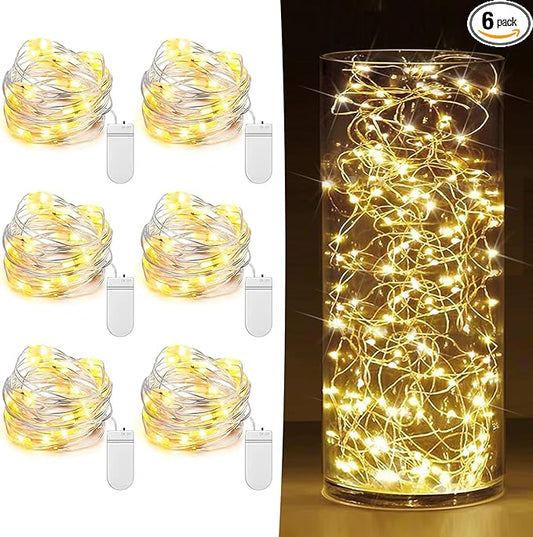 6 Pack Fairy Lights Battery Operated 7ft 20 LED Mini String Lights Twinkle Lights Silver Wire Firefly Starry Moon Lights for Mason Jars Wedding Party Christmas Centerpiece Table Decorations,Warm White