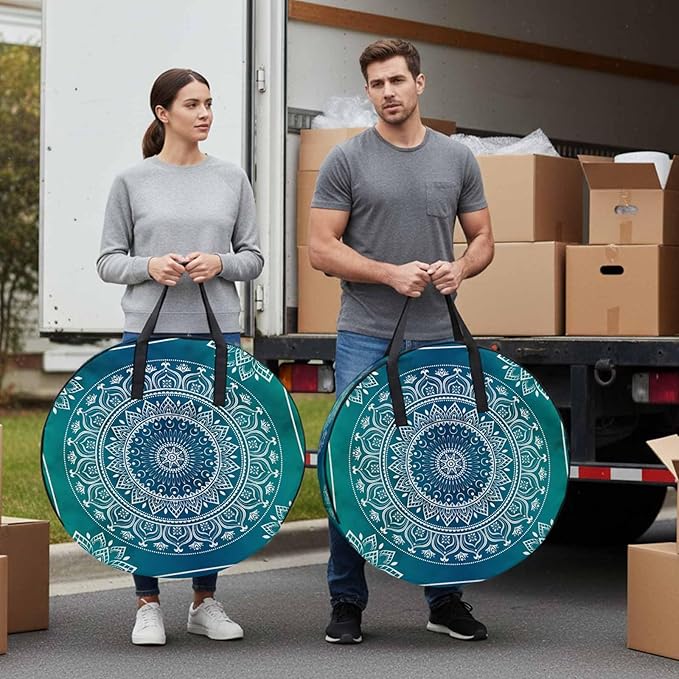 Storage Bag Teal Blue Boho Round Storage Totes Bins Closet Organizers with Zippers & Handle Gorgeous Bohemian Flower Clothes Storage Container for Bedroom Dorm Space Saving Packing Supplies Bags