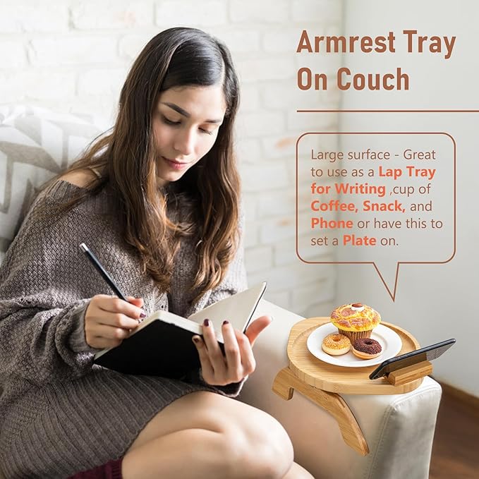 SINWANT Couch Arm Table, Bamboo Round Sofa Clip on Tray with 360° Phone Holder,Foldable Couch Armrest Table Eating on Chair Recliner for Snack Drink