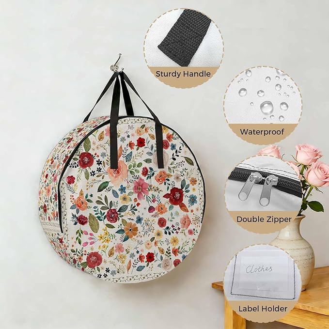 Storage Bag Beige Floral Round Storage Totes Bins Closet Organizers with Zippers & Handle Farmhouse Vintage Flower Clothes Storage Container for Bedroom Dorm Space Saving Packing Supplies Moving Bags