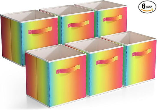 Sorbus 11 Inch Fabric Storage Cubes - Sturdy Collapsible Storage Bins & Handle - 6 Foldable Baskets for Organizing Clothes - Multi Colored Storage Baskets for Shelves (Colorful, 11 Inch)