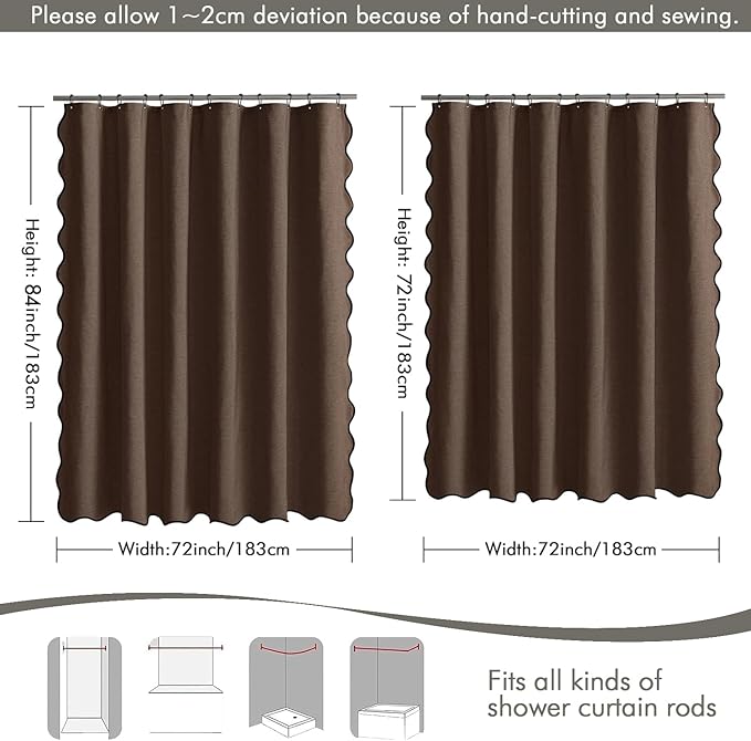 MIULEE Brown Scalloped Shower Curtain Linen Textured with 12 Metal Hooks Cute Heavy Duty Washable Waterproof Thick Cloth Shower Curtains with Black Border for Bathroom Hotel Bathtub,W72*L72