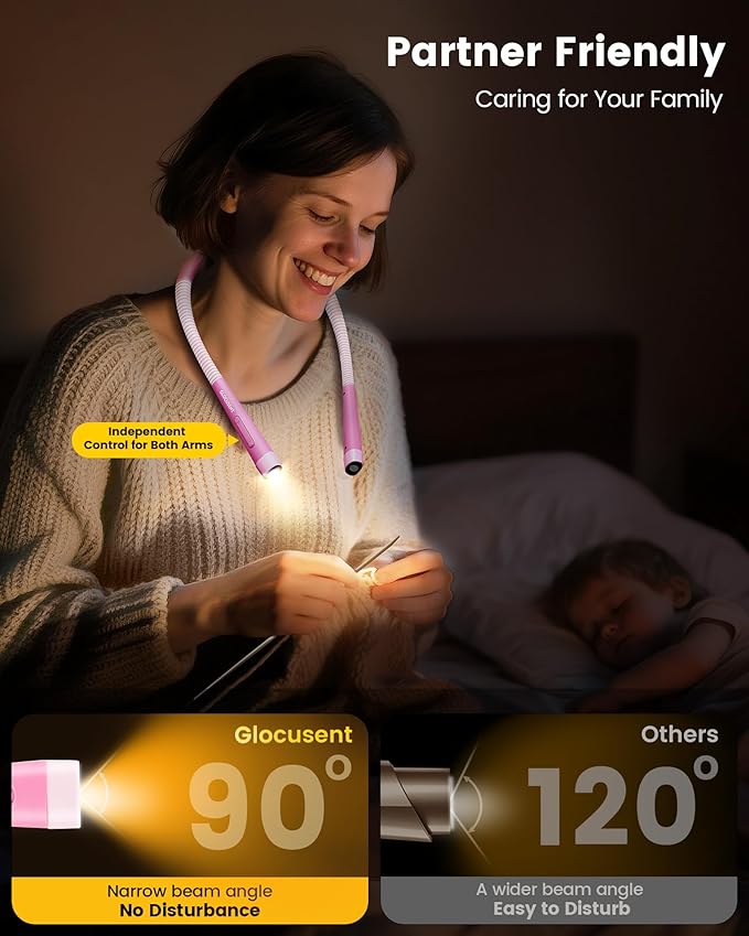 Glocusent Ergonomic Reading Lights for Books in Bed, 1600mAh Rechargeable Book Light for 100 Hrs - 3 Colors & 5 Brightness, Neck Light with Timers, Sleep Aid & Travel Lock