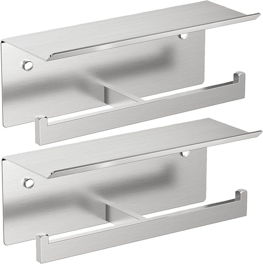 FORIOUS Toilet Paper Holder with Shelf, 304 Stainless Steel Wall Mount Commercial Toilet Paper Dispenser, Double Tissue Roll Holder for Bathroom, 2 Pack Brushed Nickel