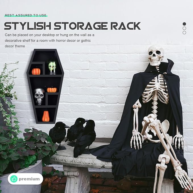 Coffin Shaped Storage Rack Gothic Organizer for Halloween Decor Unique Display Shelf for Creepy Collectibles Design for Parties and Haunted House Themes