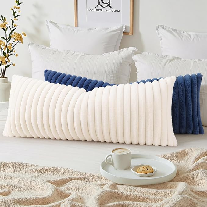 decorUhome Cozy Faux Fur Throw Pillow Covers 14x36 Set of 1 Decorative Soft Plush Striped Lumbar Modern Farmhouse Boho Couch Pillow Cases with Velvet Back for Sofa Bed Living Room, Navy Blue