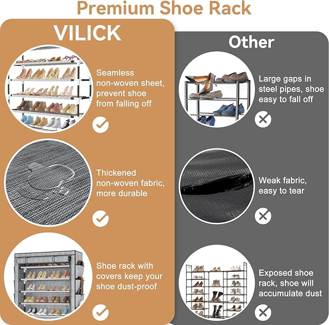 VILICK Shoe Rack with Cover, 8 Tier Tall Shoe Organizer Storage for 36-45 Pair Shoes and Boots Large Shoe Storage Shelf Free Standing Shoe Rack for Closet, Front Door Entrance, Dorm, Garage, Printing
