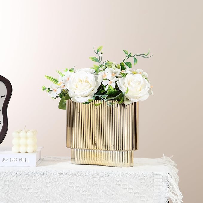 Ribbed Vase, Gold Glass Vase for Flowers, Gold Flower Vases for Tulips, Modern Vases for Living Room, Dining Table, Office, Bedroom, Mantle, Shelf, Wedding, 7 Inch