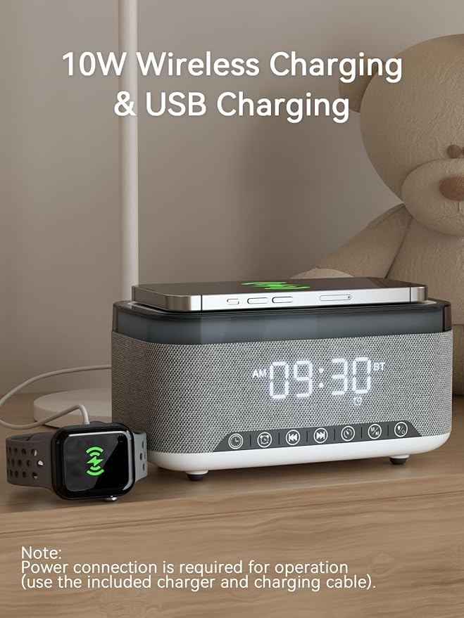 Alarm Clock Bluetooth Speaker with 10w Fast Wireless Charger for iPhone Samsung, 10W Stereo Bluetooth Speaker, 12-Color Night Light, White Noise Machine Digital Clock with FM Radio for Bedroom