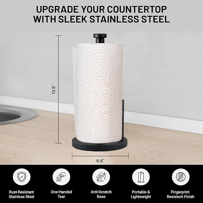 Black Paper Towel Holder Countertop Stainless Steel Paper Towel Stand with Weighted Non-Slip Base One-Handed Tear, Rust-Resistant Kitchen Roll Holder, Standard, Jumbo & Large Rolls