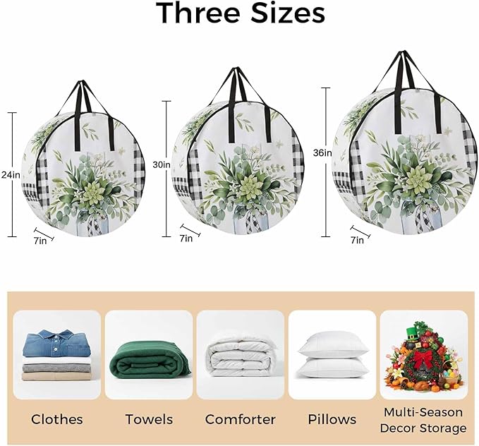 Storage Bag Eucalyptus Leaves Vase Round Storage Totes Bins Closet Organizers with Zippers & Handle Green Leaf Floral Black Plaid Clothes Storage Container for Bedroom Space Saving Packing Supplies