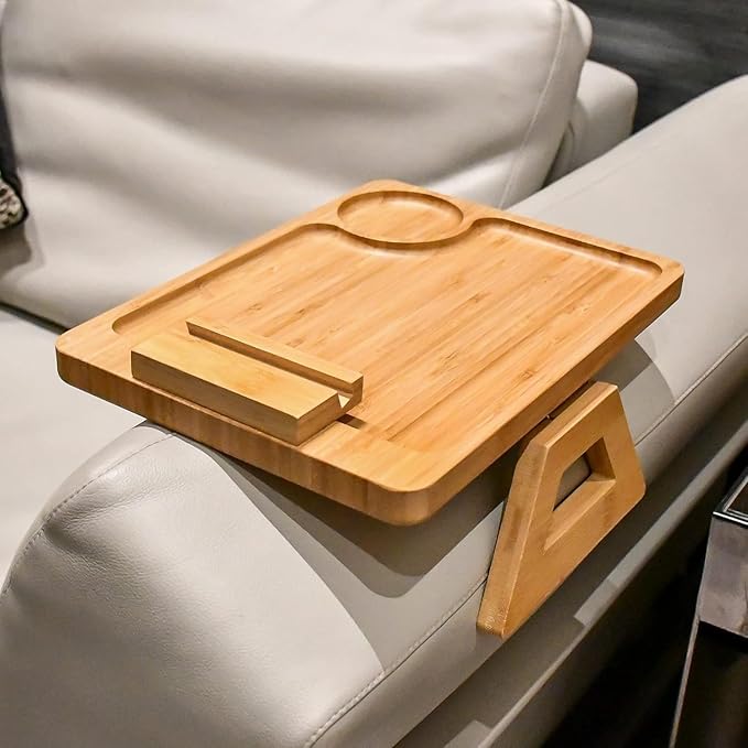 Bamboo Sofa Arm Tray Table, Foldable Couch Armrest Table with Cup Holder & 360° Phone Holder, Portable Snack Tray for Remote, Drinks, Food - Fits Most Sofa Arms.