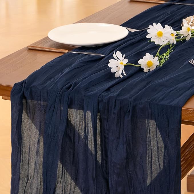 Socomi 10pcs Navy Blue Easter Spring Cheesecloth Table Runner Boho Rustic Gauze 120 inch 10FT Cheese Cloth Runner for Wedding Party Baby Shower Birthday Home Decor Holiday Decorations