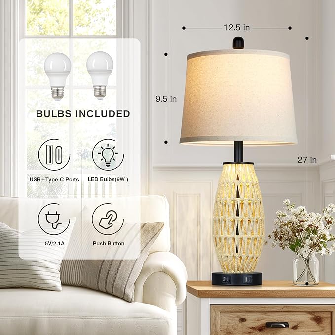 CINSARY 27“ Beige Boho Rattan Table Lamps with Night Light, Natural Bedroom Lamps Set of 2 with USB A+C Charging Ports, Rustic Farmhouse Woven Wicker Bedside Nightstand Lamp for Living Room End Tab