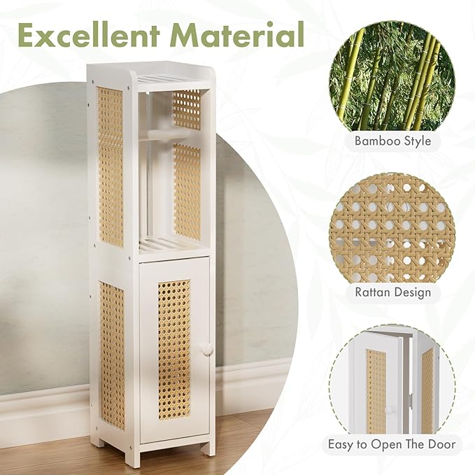 AmazerBath Toilet Paper Holder Cabinet, Bamboo Toilet Paper Holder Stand for Bathroom, Small Toilet Paper Storage Cabinet with Rattan Door, 30.3x7.8x7 inches, White