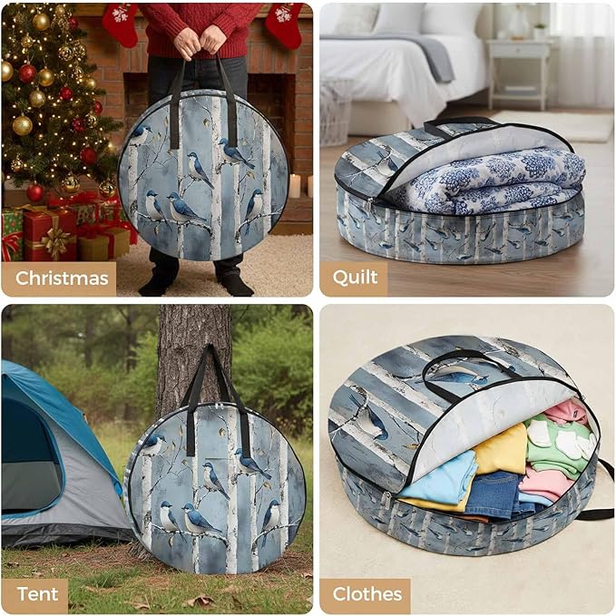 30 Inch Round Storage Bag 1 Pack,Spring Tree Trunk Branch Bird Waterproof Wreath Storage Container with Handles&Zipper Animal Leaves Oil Painting Closet Organizer Bags Garland Box