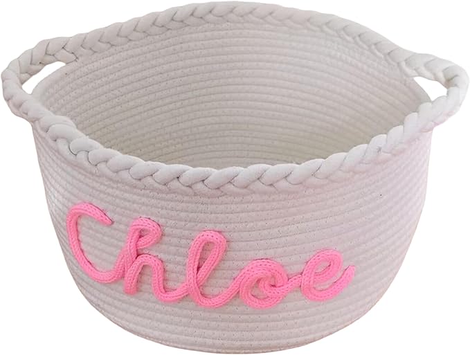 FKOG Handmade Personalized Baby Show Gift Basket, Custom Cotton Rope Storage Basket, Baby Nursery Organizer with Custom Name, Newborn Baby Baptism Gift (White Baby Girl Basket)