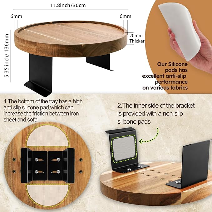 Acacia Wood Couch Arm Tray Table,Anti-Slip Adjustable Round Sofa Arm Tray,Wooden Armrest Caddy Table for Couches,Arm Chair Companion for Drinks Cellphone TV Remote Snacks
