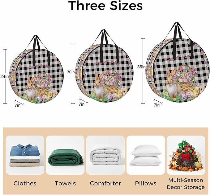36 Inch Round Storage Bag 2 Pack,Spring Easter Bunny Eggs Flowers Waterproof Wreath Storage Container with Handles&Zipper Black and White Linen Lattice Closet Organizer Bags Garland Box