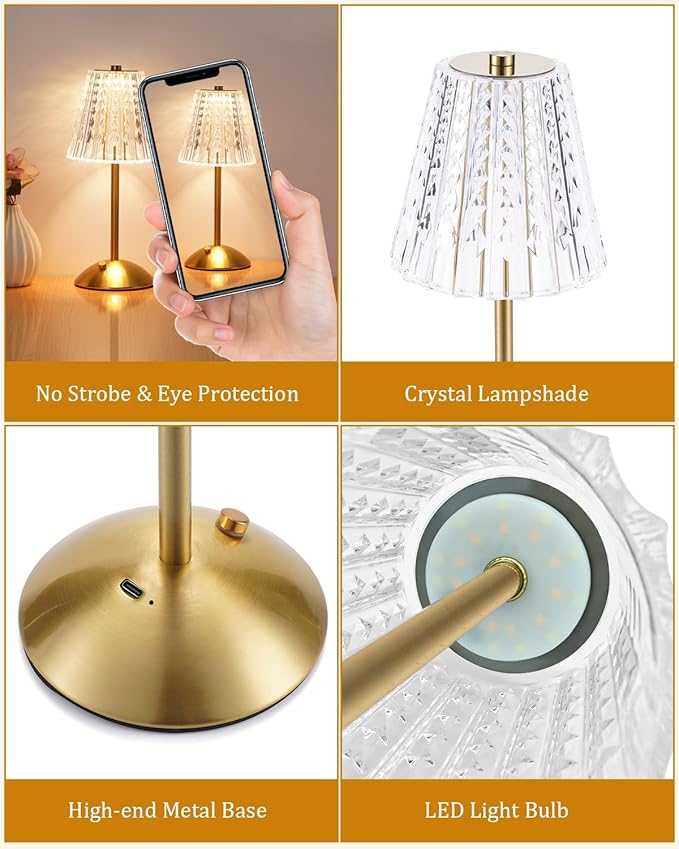 Nusogon Cordless Touch Table Lamp, LED Rechargeable Small Dask Lamp, 3 Colors Dimmable Battery Operated Crysta Lamp for Bedroom Restaurant Kitchen Home Decor, Gold, 2pcs