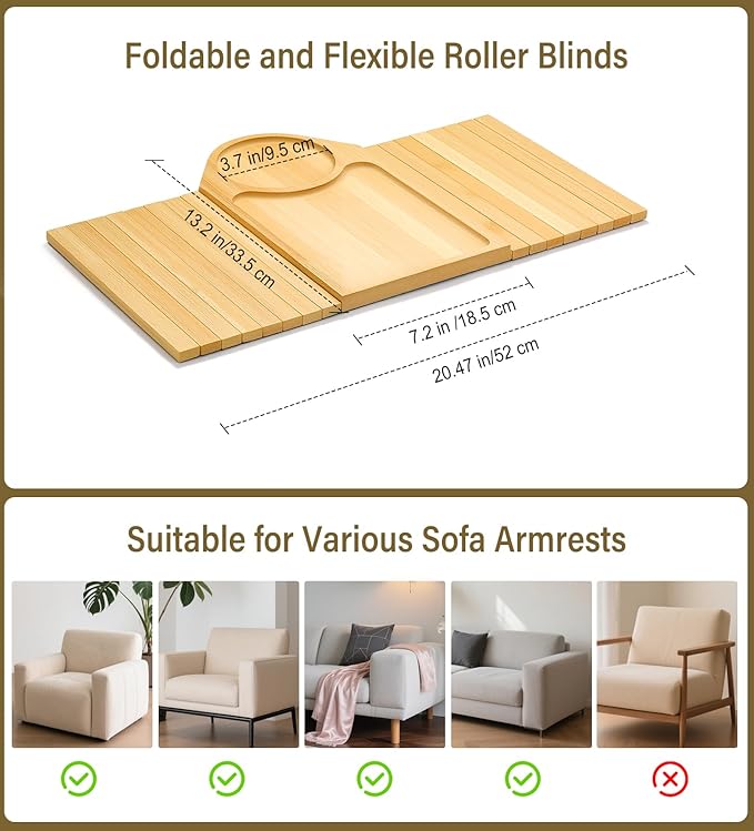 Couch Arm Tray, Bamboo Sofa Table for Couch, Sofa Arm Tray with Cup Holder, Non-Slip Armrest Organizer for Drink, Cup, Snack, Control, Easy to Clean, Natural