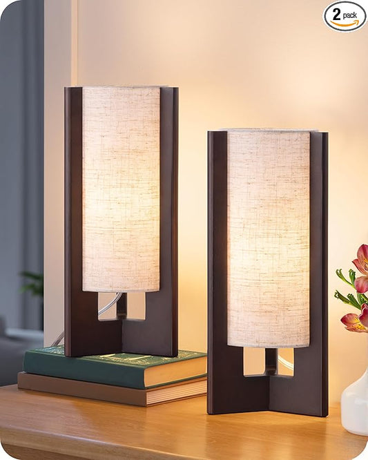 EDISHINE 13.5" Small Table Lamps, Walnut Wood Cylinder Bedside Lamp for Bedroom, Beige Linen Shade, Corner Modern Nightstand Lamp for Living Room, On-Off Switch, E26 Base (Bulb Not Included), 2Pack