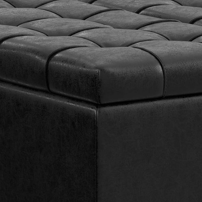 SIMPLIHOME Harrison Small Coffee Table Storage Ottoman - 30 inch Wide Upholstered Vegan Leather Square Lift-Top Ottoman in Distressed Black, Transitional Ottoman for Living Room with Hidden Storage