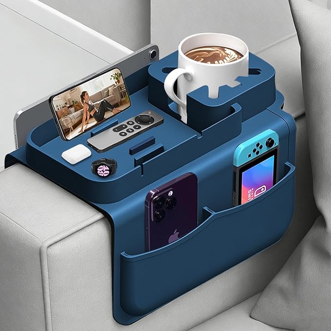Silicone Couch Cup Holder Tray with Tablet & Phone Stand, Anti-Slip Sofa Arm Organizer with Dual Side Pockets for Remotes, Snacks, Headphones, Glasses, Drinks (Blue)