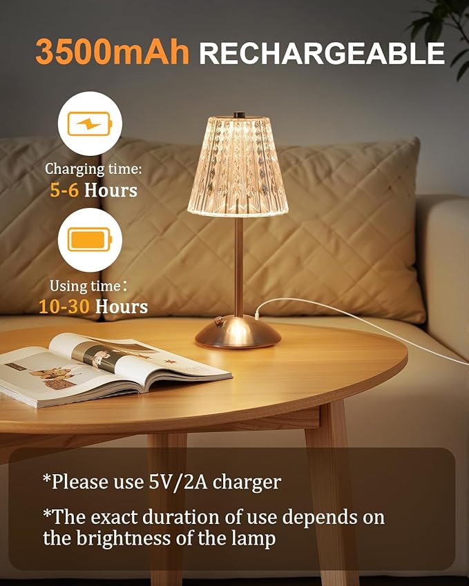 Nusogon Cordless Touch Table Lamp, LED Rechargeable Small Dask Lamp, 3 Colors Dimmable Battery Operated Crysta Lamp for Bedroom Restaurant Kitchen Home Decor,Silver